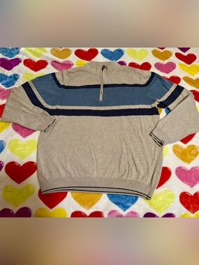 Roundtree & Yorke Beige Half-Zip Sweater with Blue & Navy Stripes
